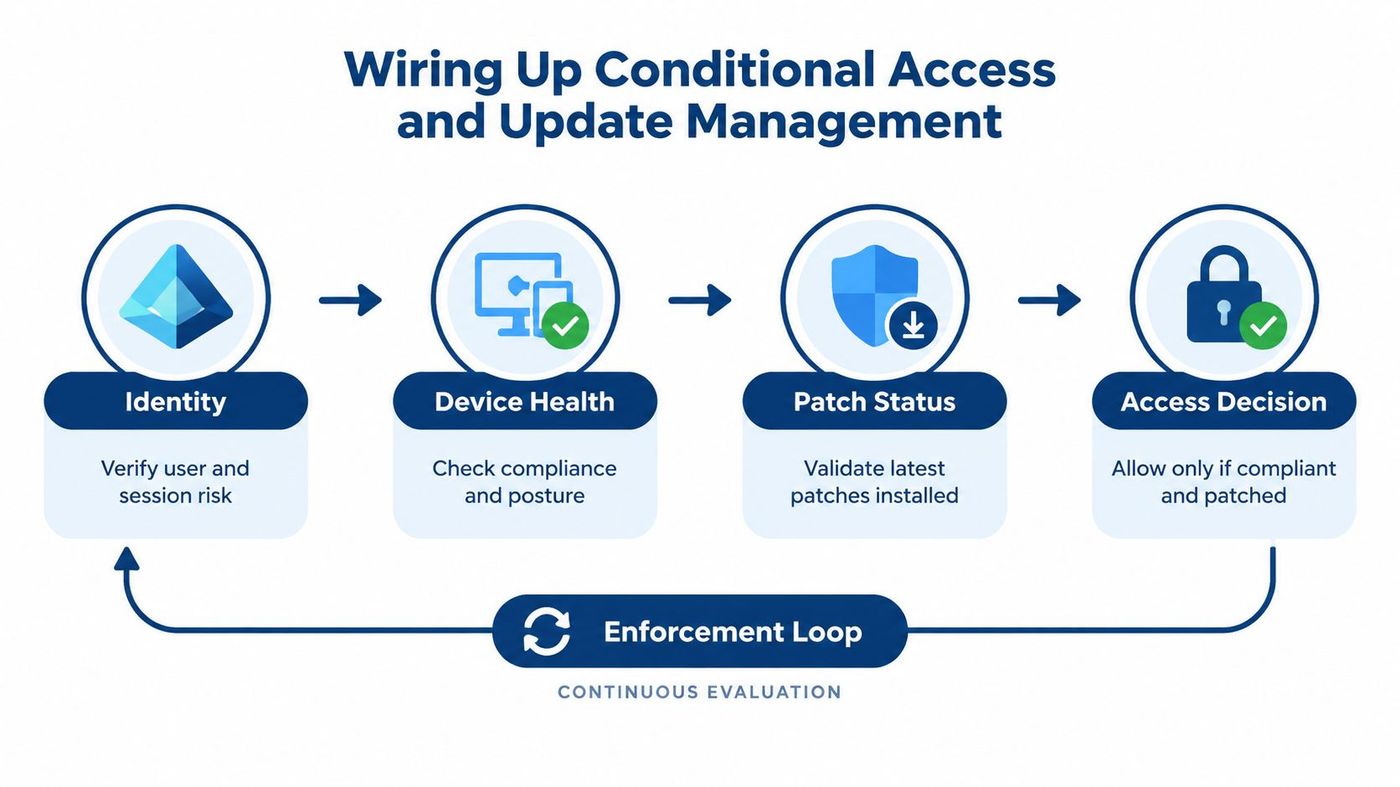 A diagram illustrating the continuous evaluation workflow for device management, identity security, and conditional access policies.