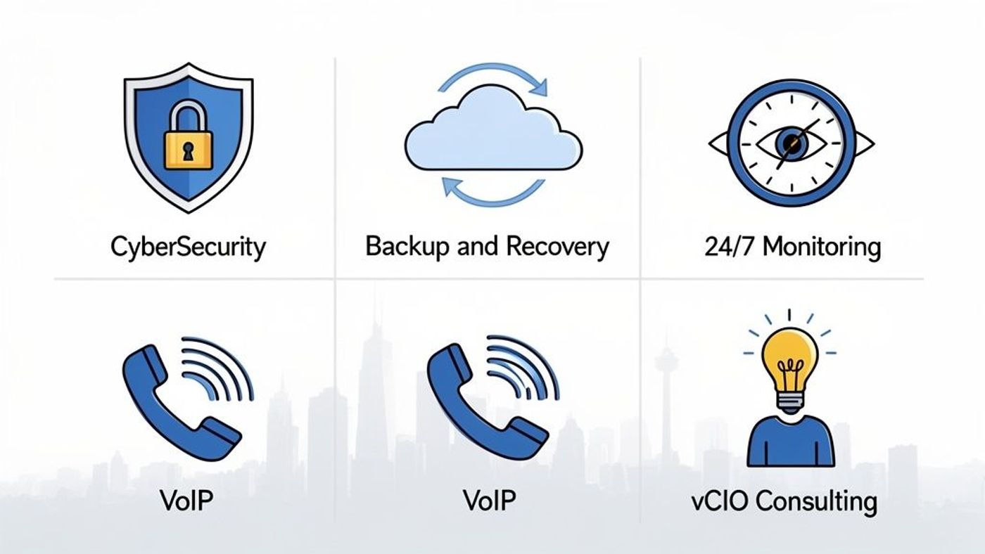 Icons representing essential IT services: cybersecurity, backup, 24/7 monitoring, VoIP, and vCIO consulting.