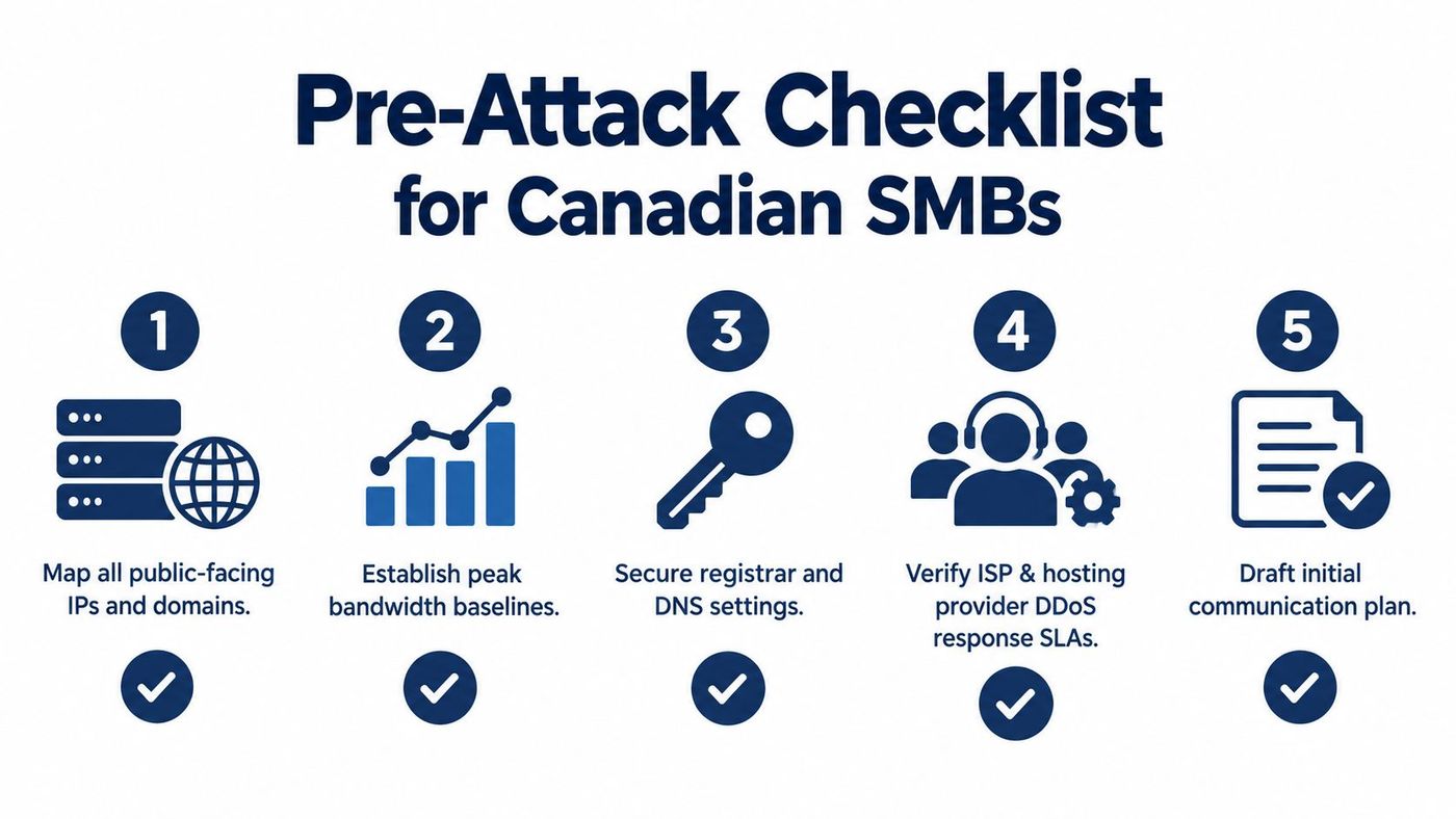 A five step pre-attack checklist for Canadian small businesses to prepare for cybersecurity threats like DDoS attacks.