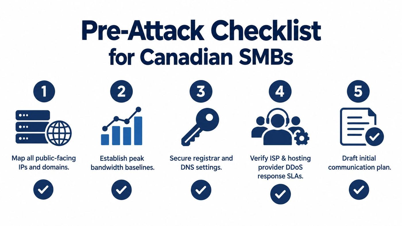 A five step pre-attack checklist for Canadian small businesses to prepare for cybersecurity threats like DDoS attacks.