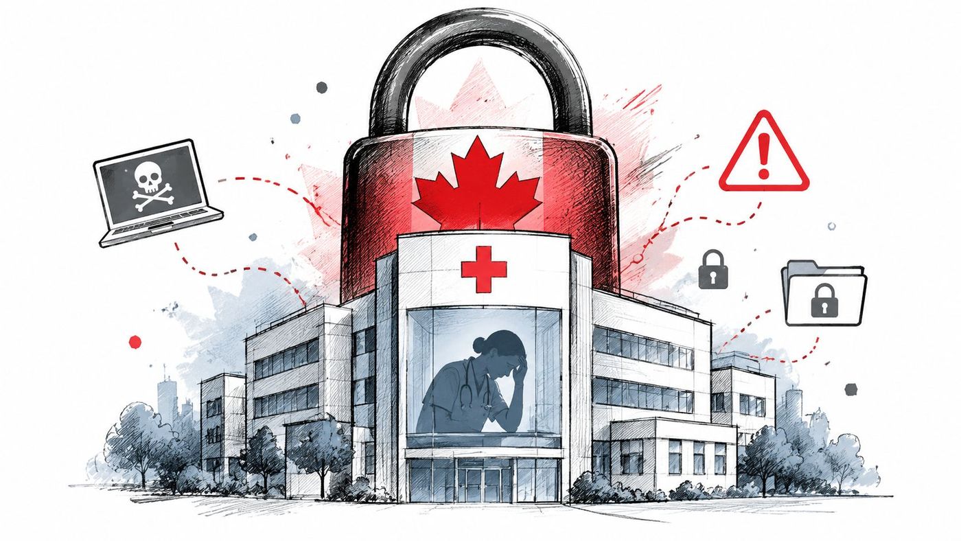 A digital illustration showing a hospital building under a Canadian flag padlock, representing healthcare cybersecurity concerns.