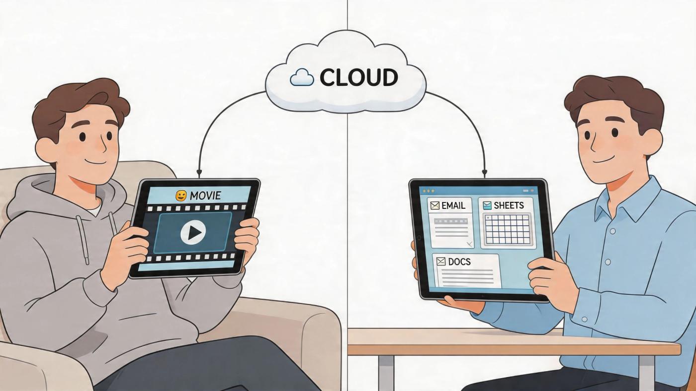 A split illustration showing two people using tablets connected to the cloud for work and entertainment.