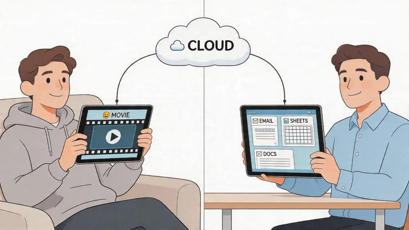 A split illustration showing two people using tablets connected to the cloud for work and entertainment.