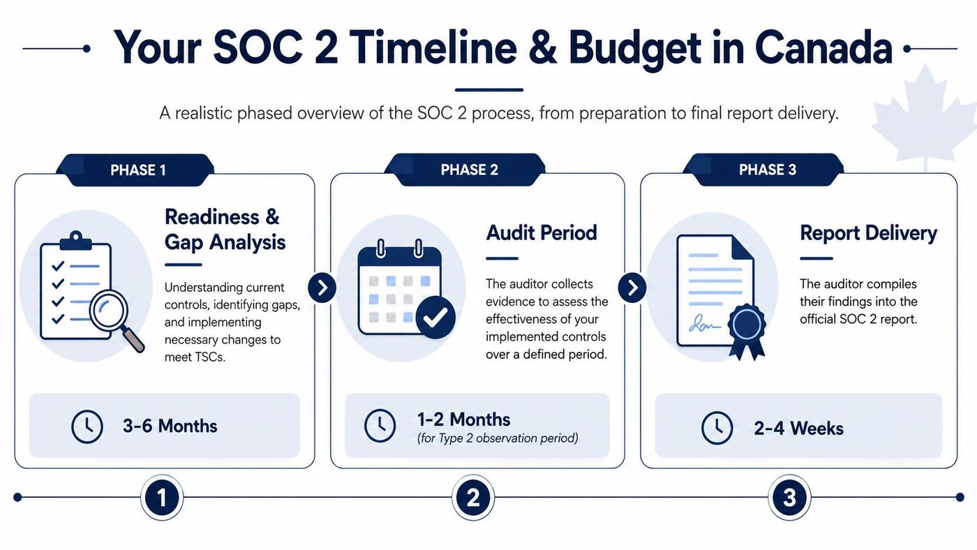 A diagram outlining the three phases of the SOC 2 certification process and timeline in Canada.