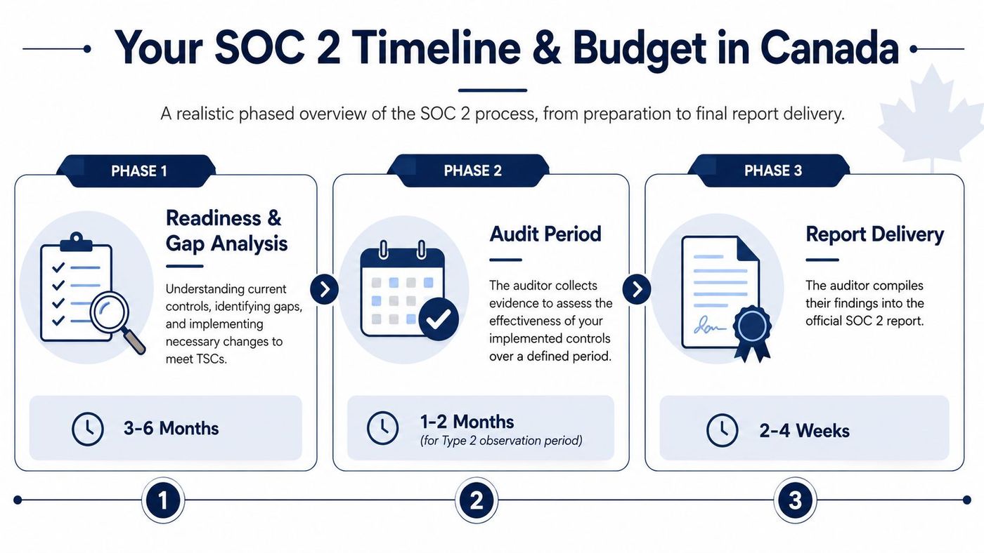 A diagram outlining the three phases of the SOC 2 certification process and timeline in Canada.