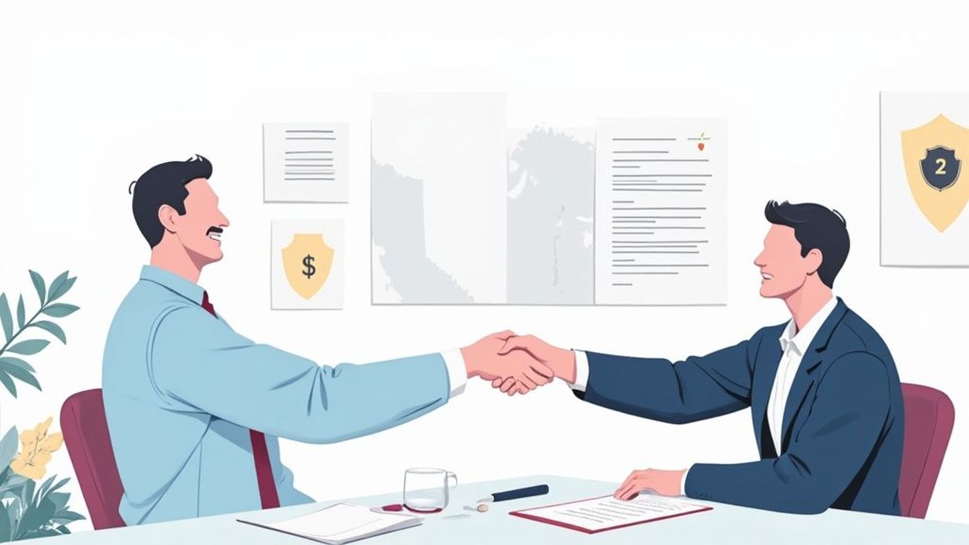 Illustration of two smiling businessmen shaking hands at a desk, signifying a successful business deal.