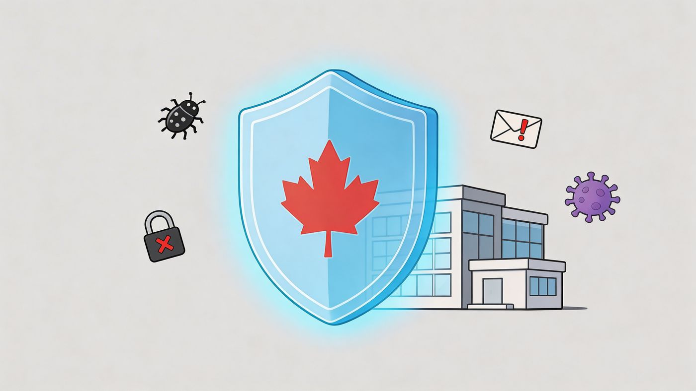 A Canadian shield symbol protecting a building from digital threats like viruses, malware, and email phishing scams.