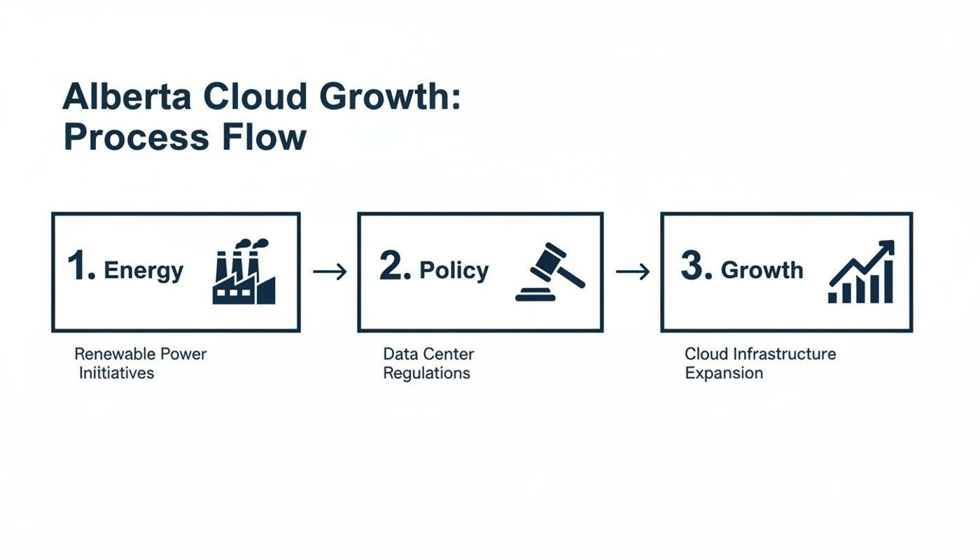 Alberta Cloud Growth process flow showing energy, policy, and cloud infrastructure expansion steps.