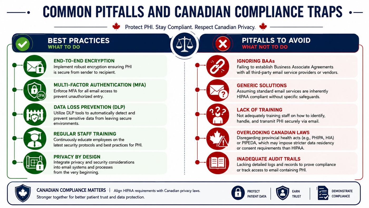 An infographic titled Common Pitfalls and Canadian Compliance Traps outlining best practices and mistakes for protecting patient data.