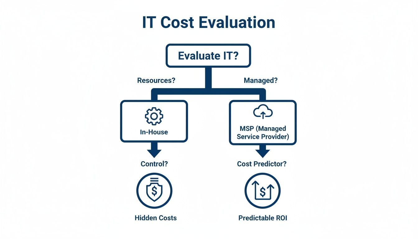 Flowchart comparing in-house IT with Managed Service Provider (MSP) IT for cost evaluation and ROI.