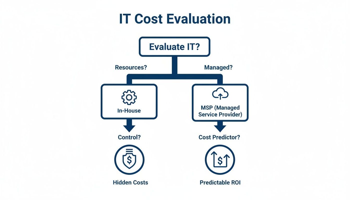 Flowchart comparing in-house IT with Managed Service Provider (MSP) IT for cost evaluation and ROI.
