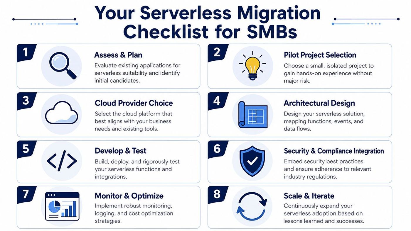 A step-by-step checklist infographic for small and medium businesses migrating to a serverless architecture.