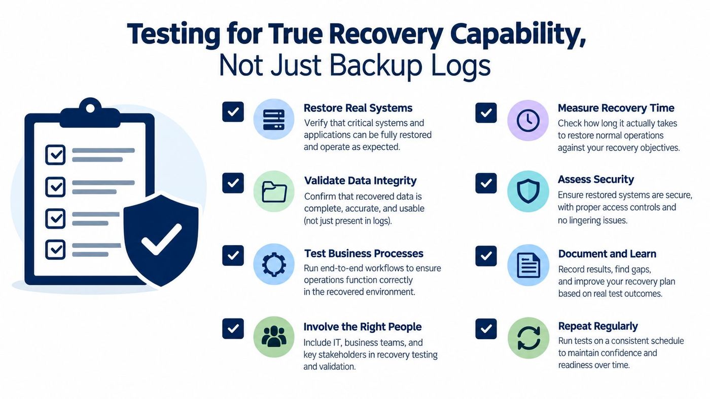 A checklist infographic illustrating key steps for validating disaster recovery plans and ensuring business continuity capabilities.