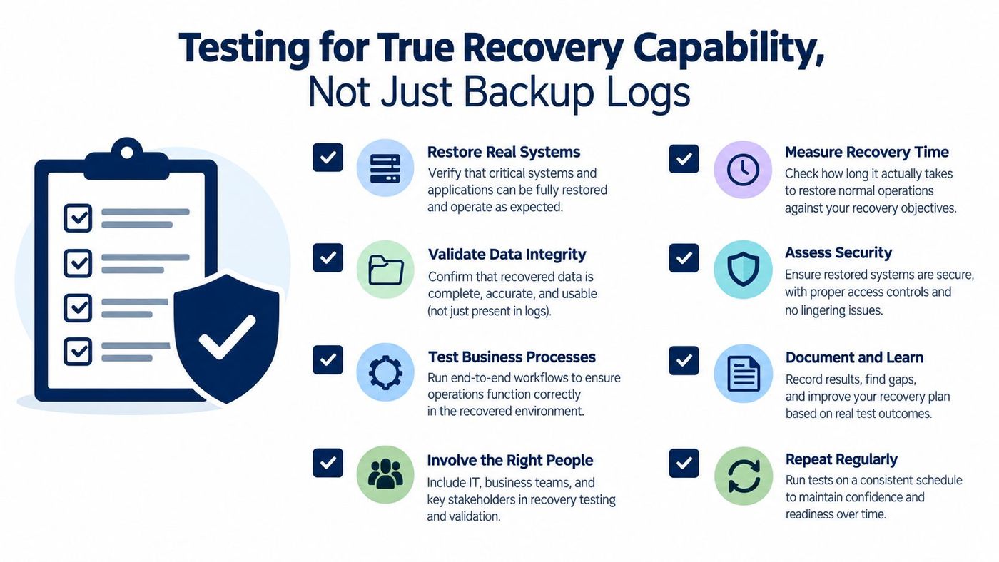 A checklist infographic illustrating key steps for validating disaster recovery plans and ensuring business continuity capabilities.