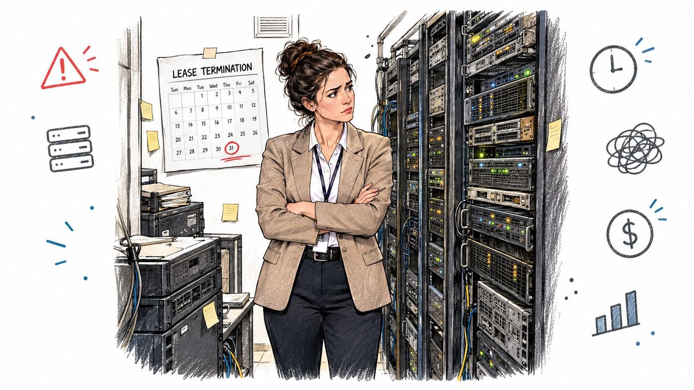 A concerned professional woman stands in a server room looking at a lease termination calendar notice.