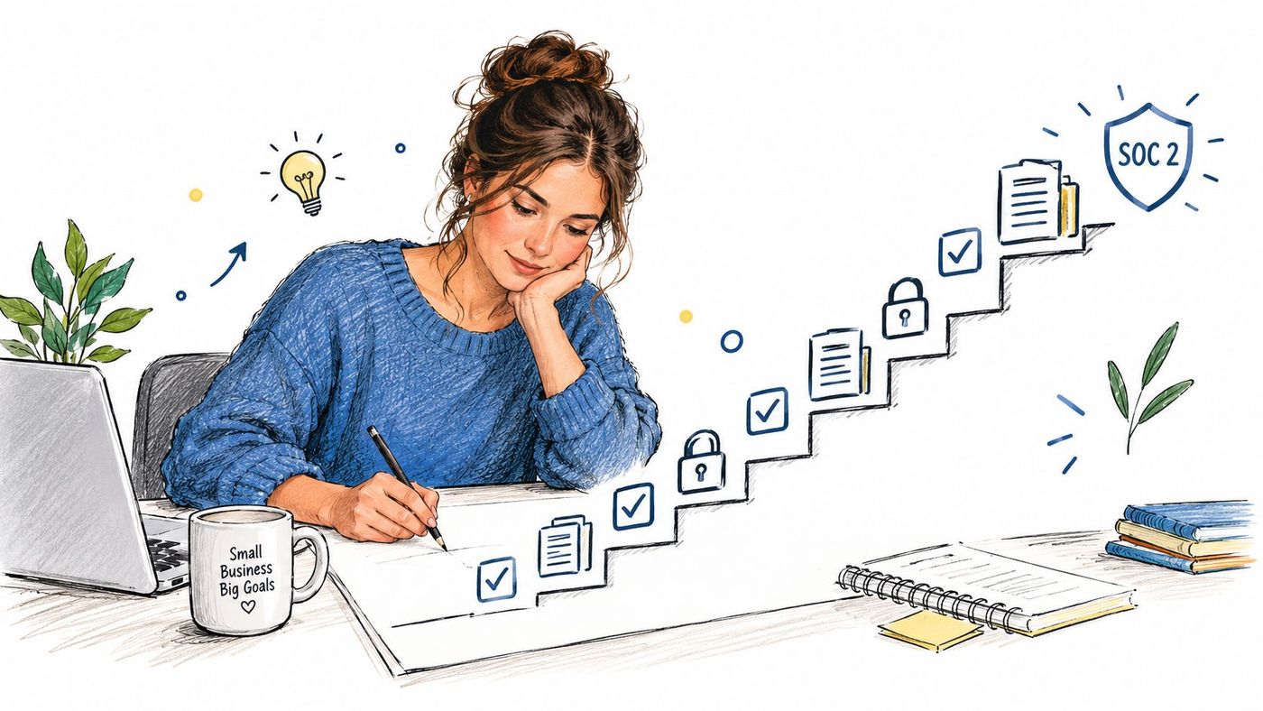 A woman sketching a staircase of steps toward SOC 2 compliance goals on a desk with laptop.