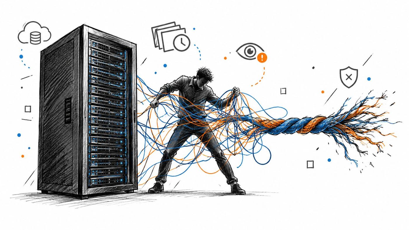 A person struggling to untangle complex server cables connected to a large data storage server rack.