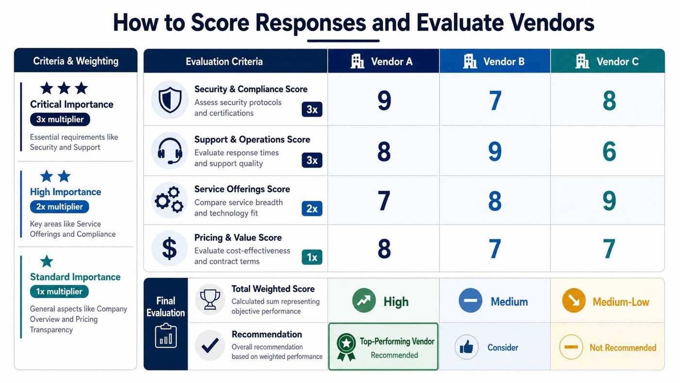 A table showing how to score and evaluate vendors using criteria, weighting, and a comparative performance chart.