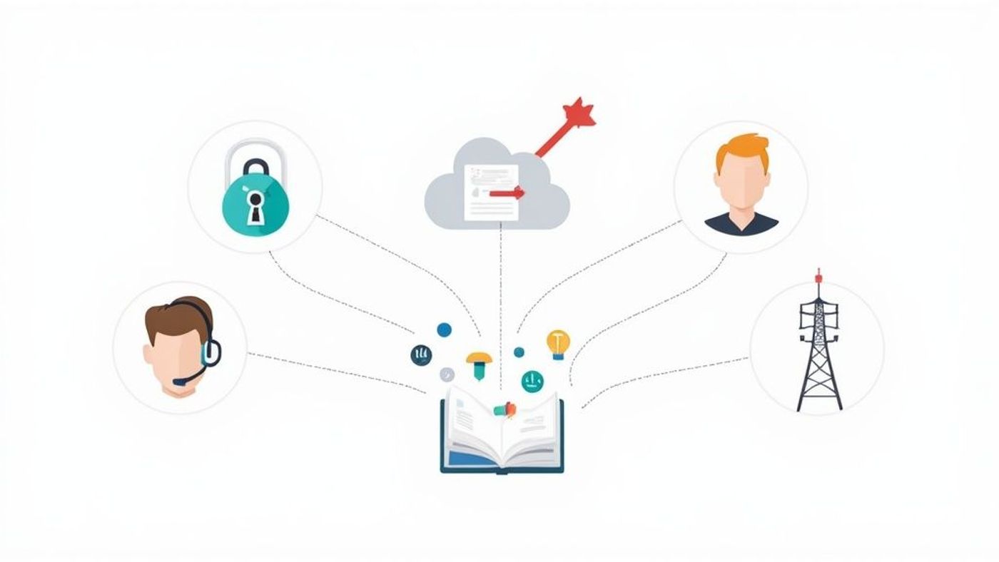Illustration of knowledge management: data from security, cloud, experts, and infrastructure flowing into a central book.