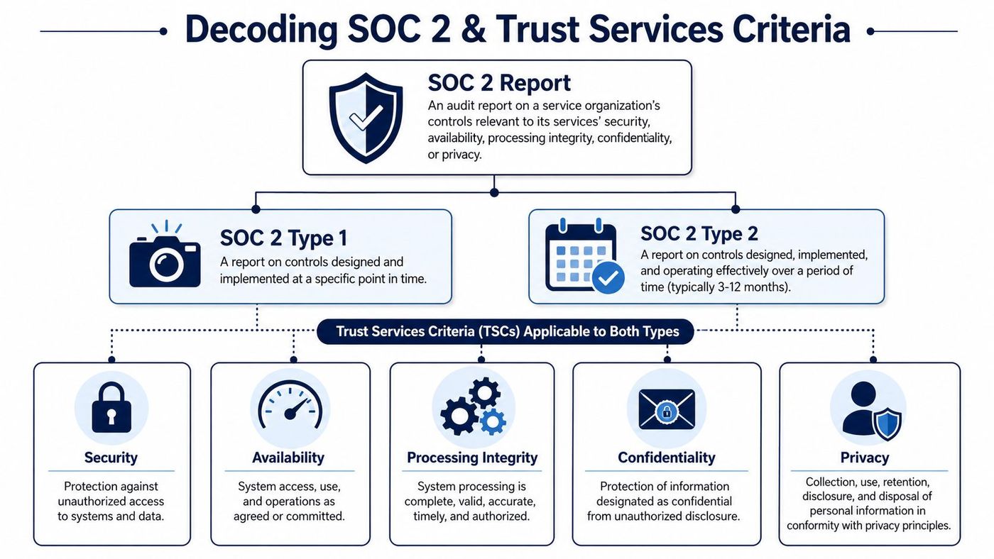 A flowchart explaining SOC 2 report types and the five Trust Services Criteria used for auditing.