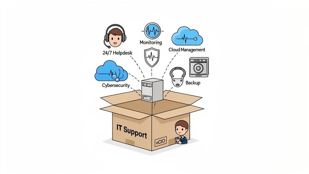 IT Support box with server, offering 24/7 helpdesk, cybersecurity, cloud, backup, and monitoring services.