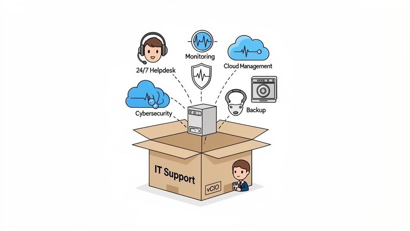 IT Support box with server, offering 24/7 helpdesk, cybersecurity, cloud, backup, and monitoring services.