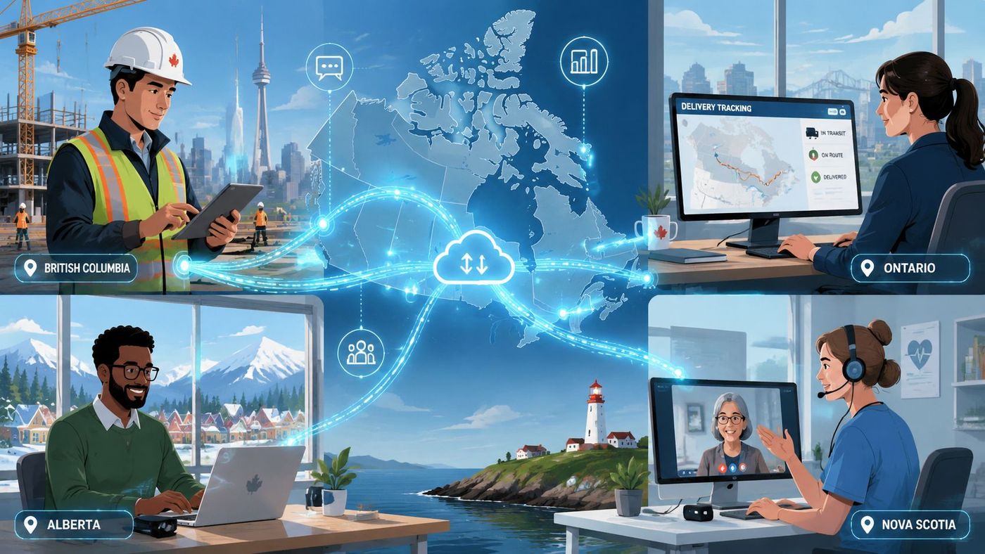 A digital illustration showing diverse professionals across Canada connected through integrated cloud and communication technology.
