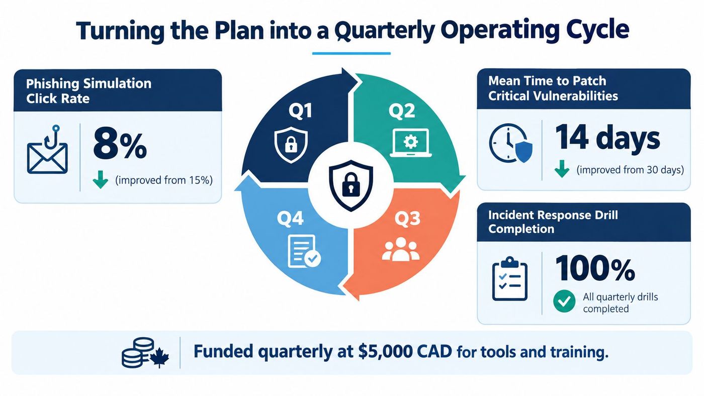 A diagram illustrating an IT security quarterly operating cycle with key performance metrics and quarterly funding.