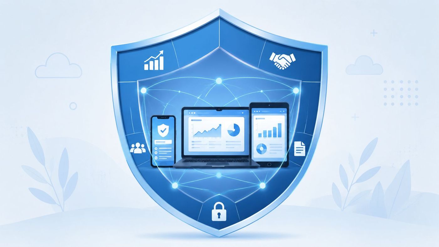 A digital shield symbol protecting a smartphone, laptop, and tablet representing secure mobile device management solutions.