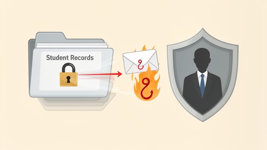 An illustration shows locked student records threatened by a phishing email, guarded by a secure professional.