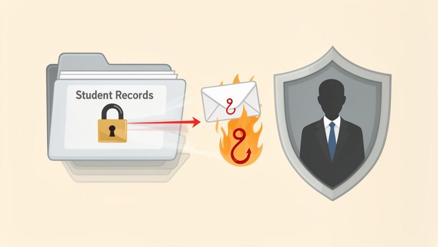 An illustration shows locked student records threatened by a phishing email, guarded by a secure professional.