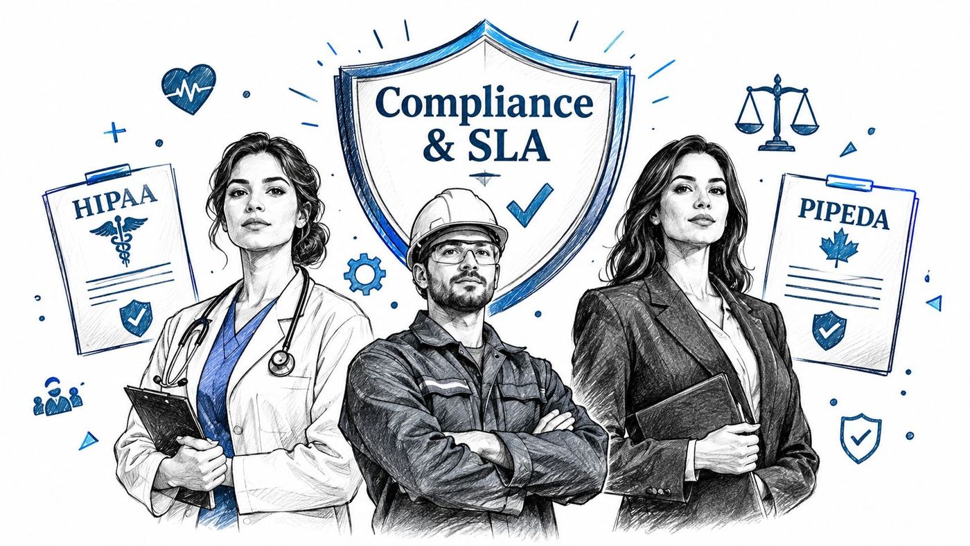 A professional illustration of a doctor, engineer, and businesswoman representing compliance and service level agreement standards.