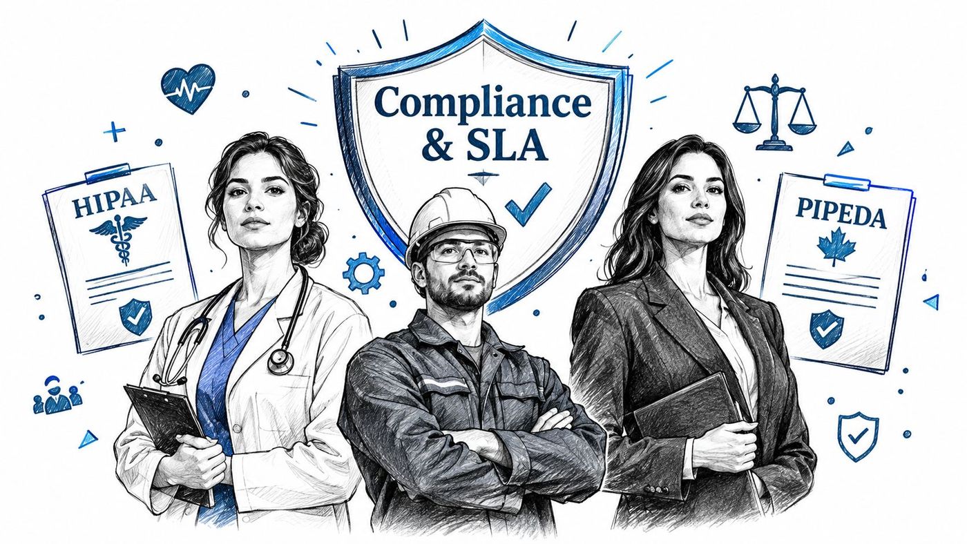 A professional illustration of a doctor, engineer, and businesswoman representing compliance and service level agreement standards.