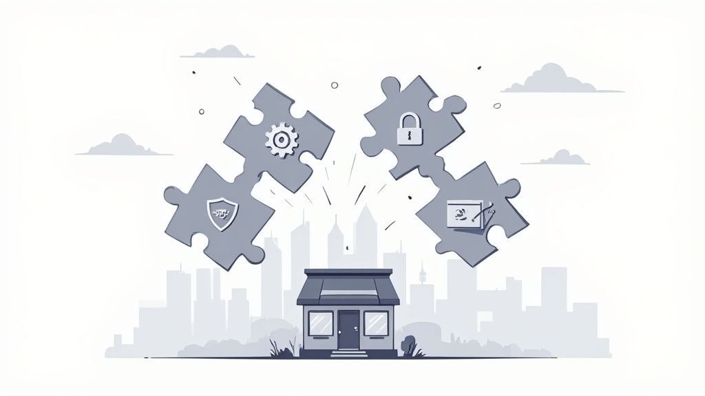 Puzzle pieces with security, settings, and software icons integrating into a small business building.