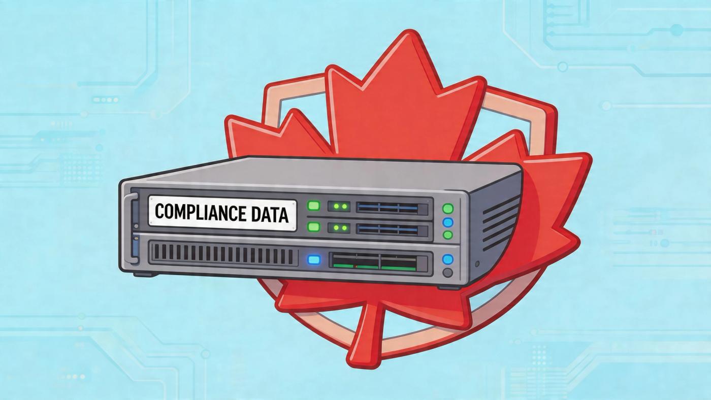 A server rack unit labeled Compliance Data centered in front of a red Canadian maple leaf icon.