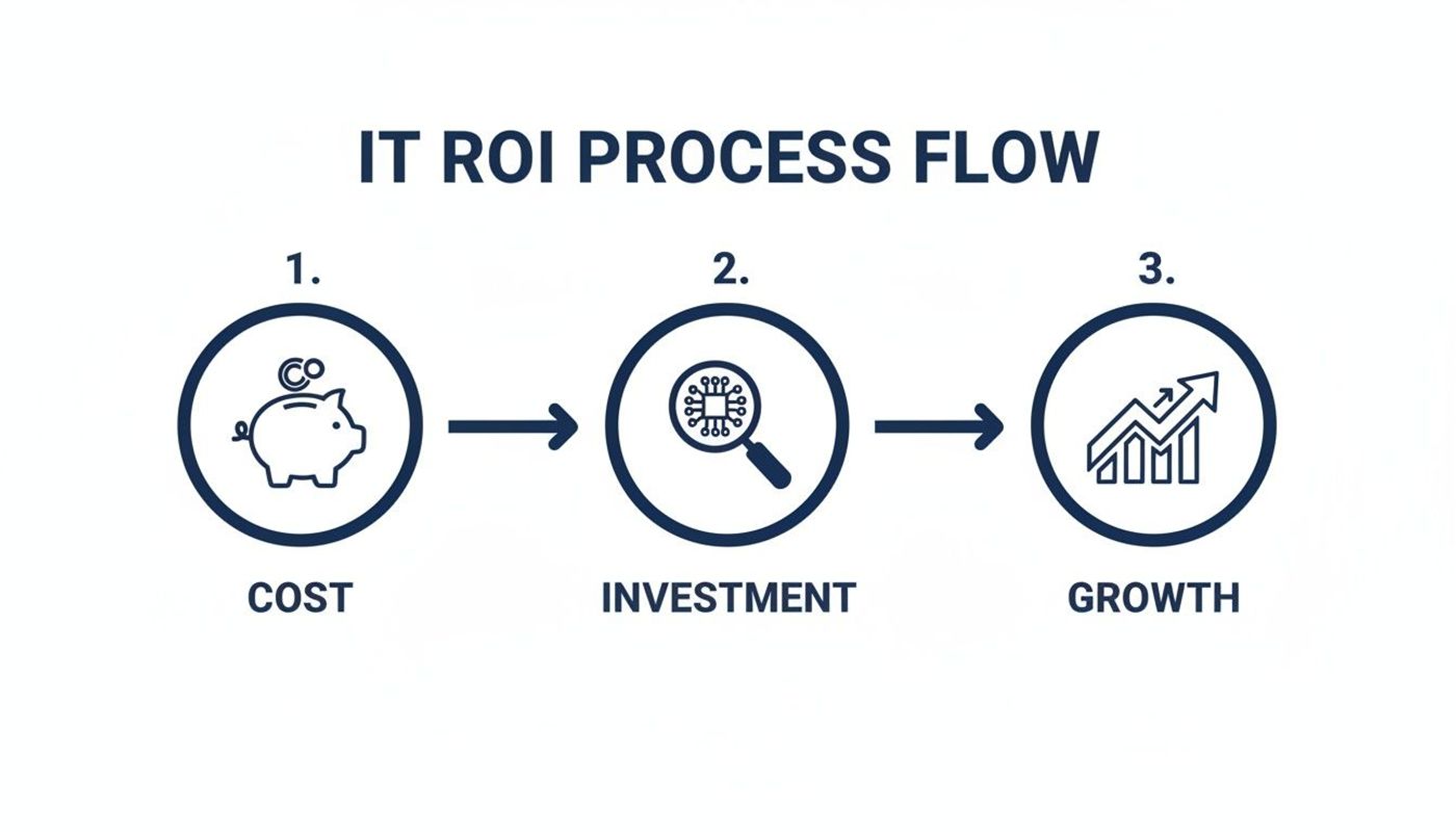 IT ROI process flow diagram illustrating the journey from cost analysis to investment and growth.