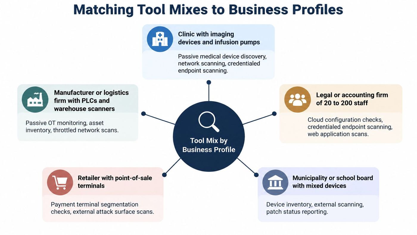 A diagram illustrating how to match specific cybersecurity tool mixes to various different types of business profiles.