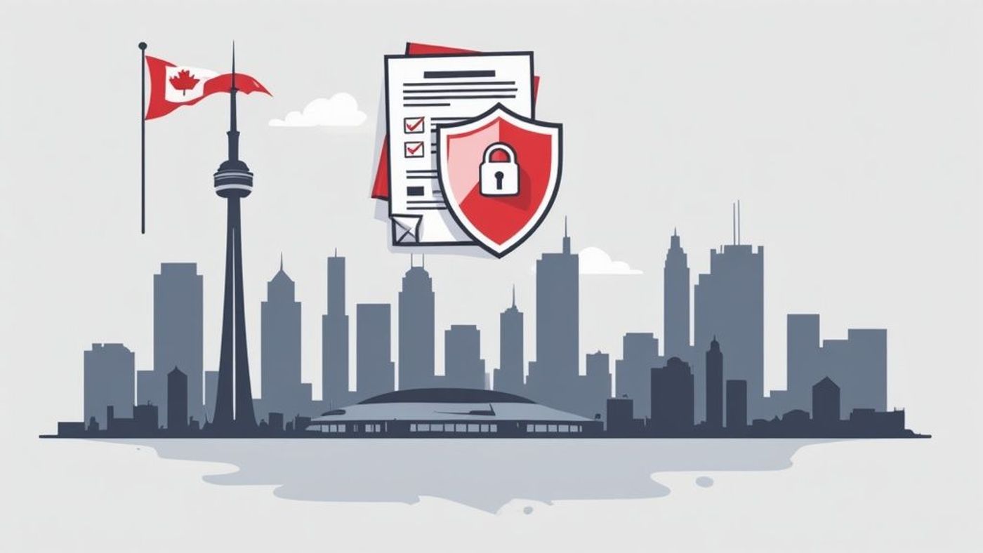 Toronto skyline with Canadian flag, secure documents, and data protection shield.