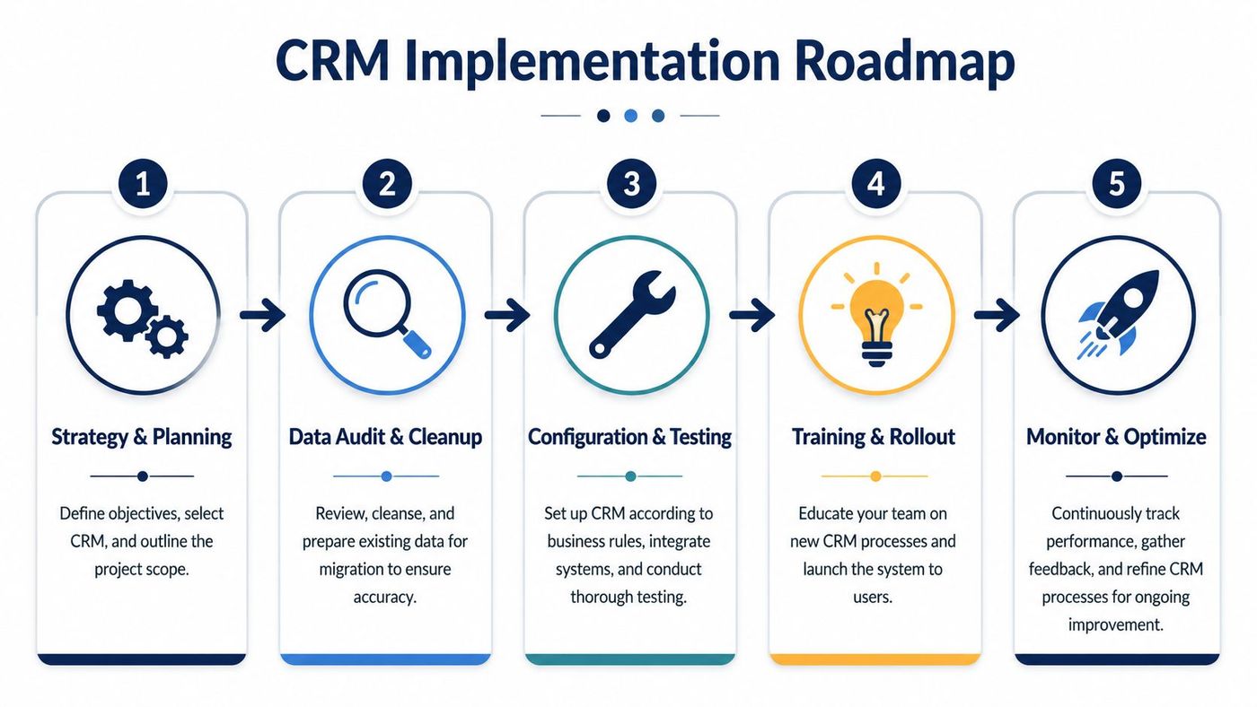 A five-step roadmap for CRM implementation, showing stages from initial strategy and planning to final optimization.