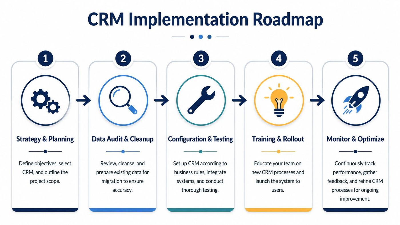 A five-step roadmap for CRM implementation, showing stages from initial strategy and planning to final optimization.