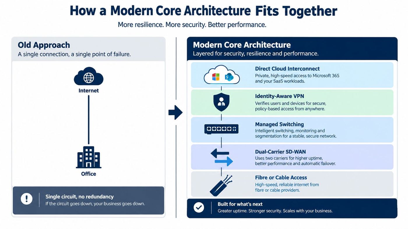 A comparison infographic highlighting the advantages of a modern layered network architecture over traditional single-circuit office connectivity.