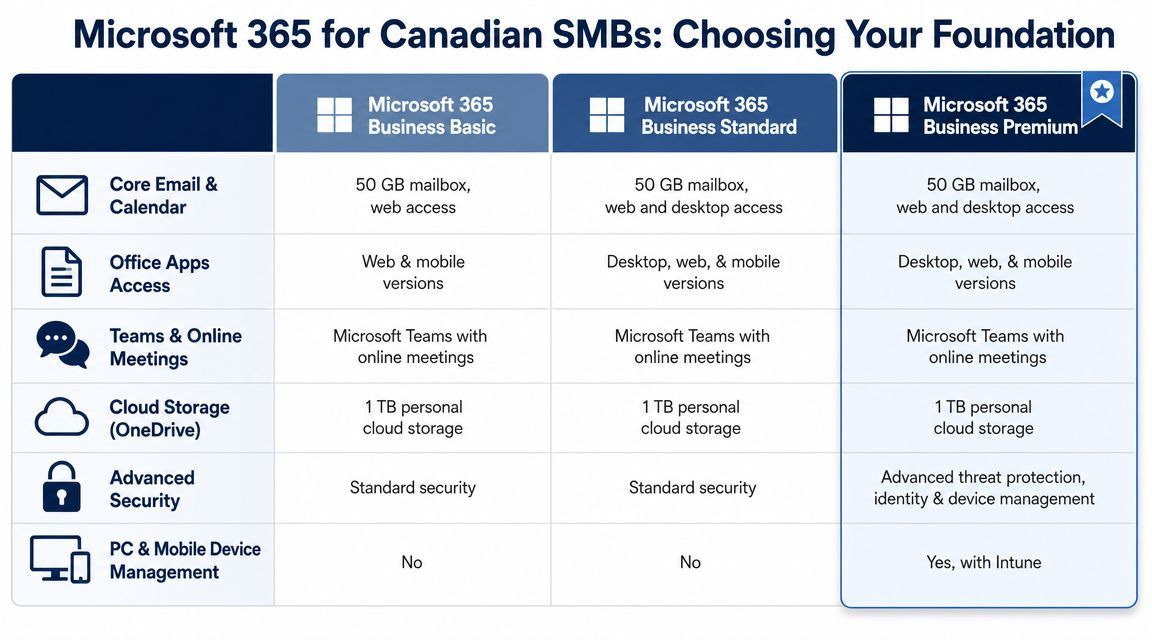 A comparison chart showing features of Microsoft 365 Business Basic, Standard, and Premium for Canadian SMBs.