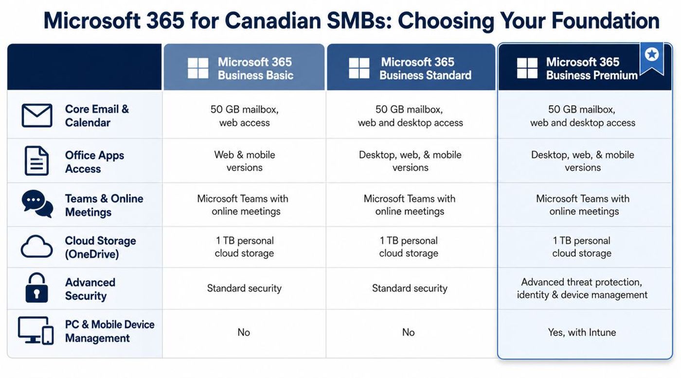 A comparison chart showing features of Microsoft 365 Business Basic, Standard, and Premium for Canadian SMBs.