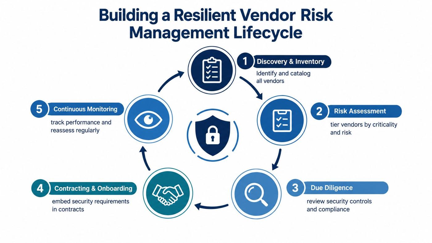 A diagram illustrating the five stages of a resilient vendor risk management lifecycle for businesses.
