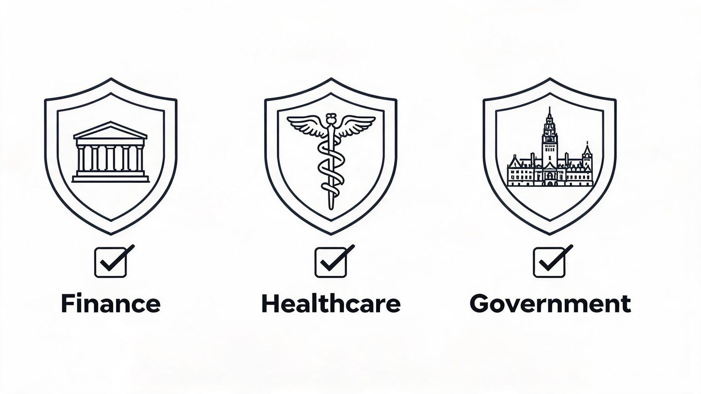 Three shield icons representing finance, healthcare, and government sectors with checkmarks underneath each for security concepts.