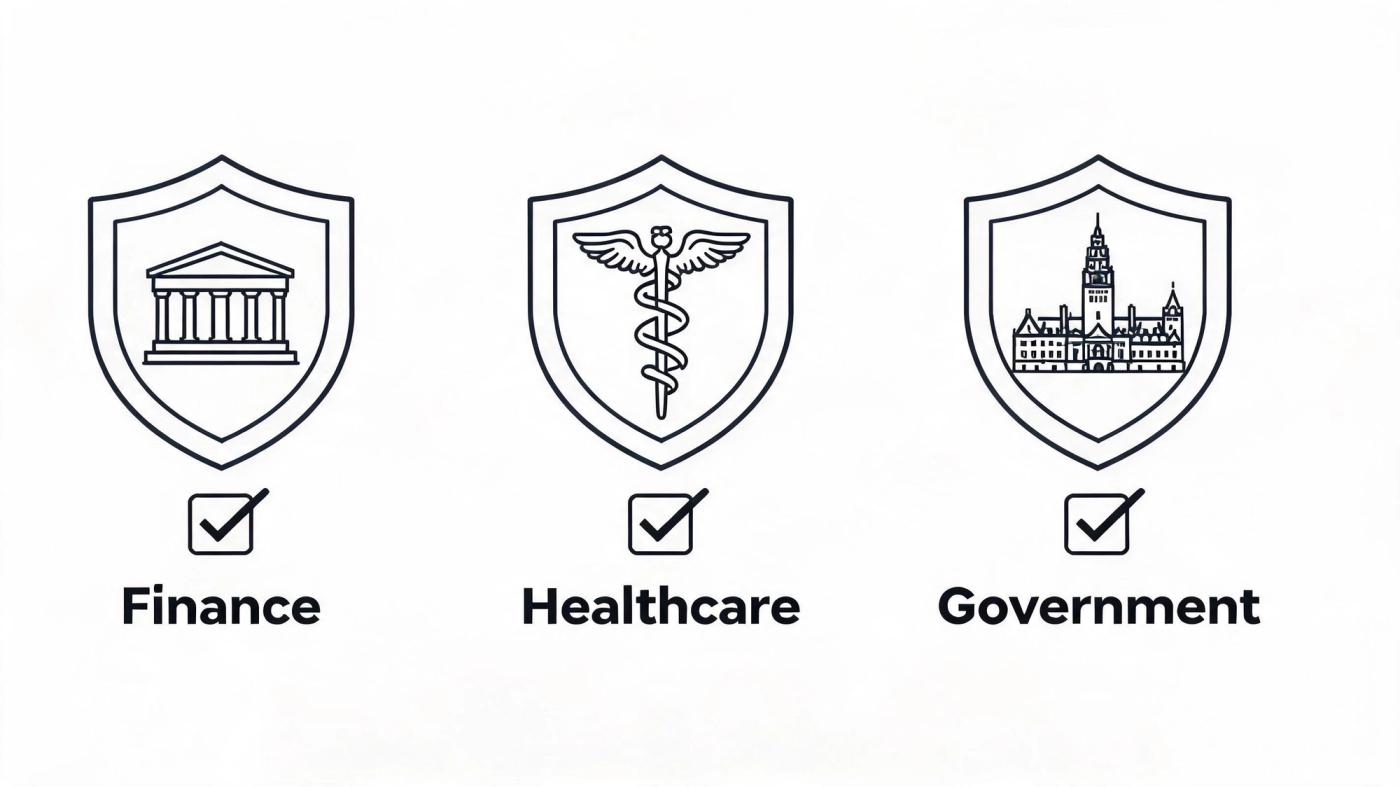 Three shield icons representing finance, healthcare, and government sectors with checkmarks underneath each for security concepts.