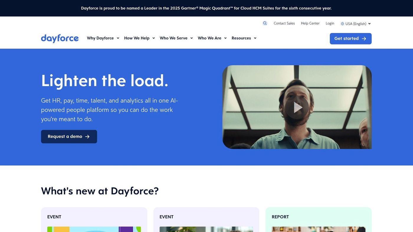Dayforce's homepage highlighting its unified Human Capital Management (HCM) platform for businesses.