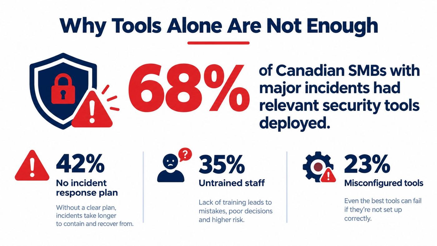 An infographic showing that 68 percent of Canadian small businesses with security tools still experienced incidents.