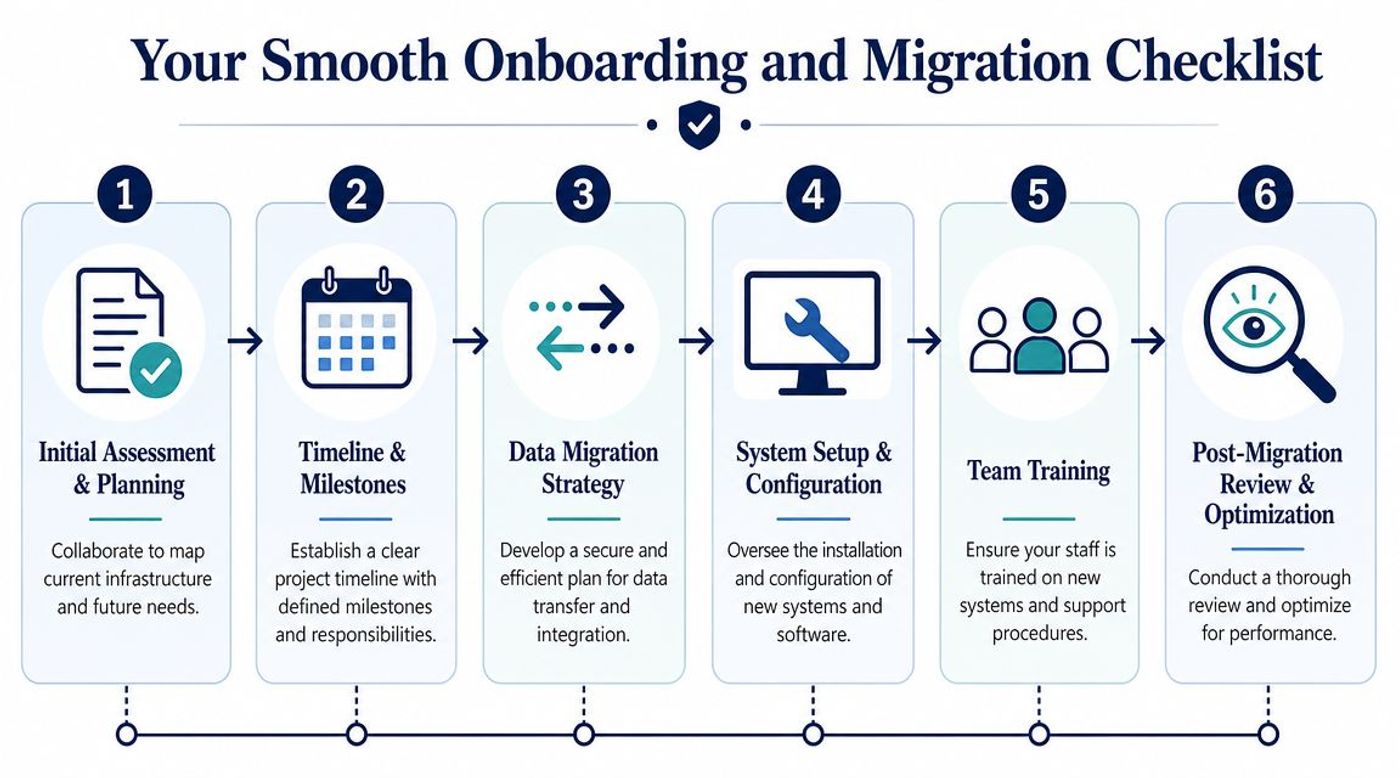 A six-step onboarding and migration checklist for businesses planning a successful transition to new technical infrastructure.