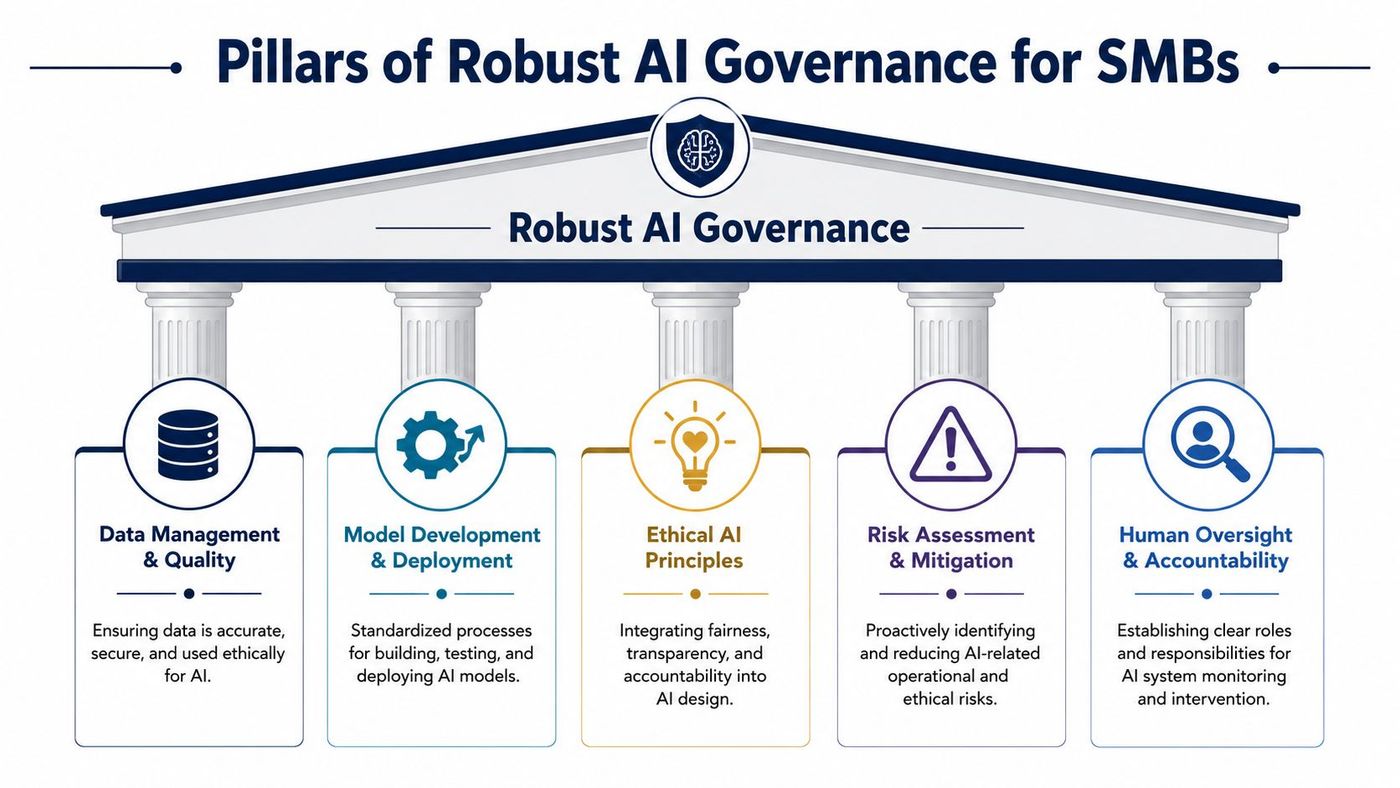 A diagram illustrating the five pillars of robust AI governance for small and medium-sized businesses.